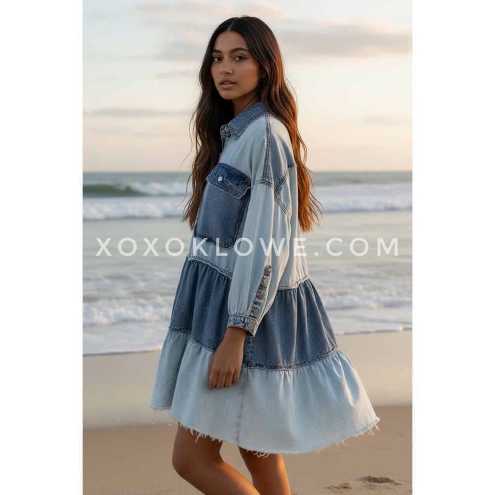 POL Denim Button Front Collared Dress | Tiered Ruffle Long Sleeve - Picture 4 of 10